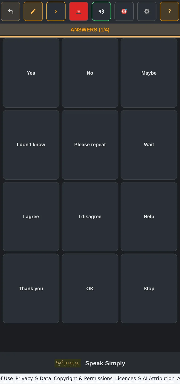 Speak Simply on a phone, a calm grid of single-tap phrases including Yes, No, Maybe and Thank you.