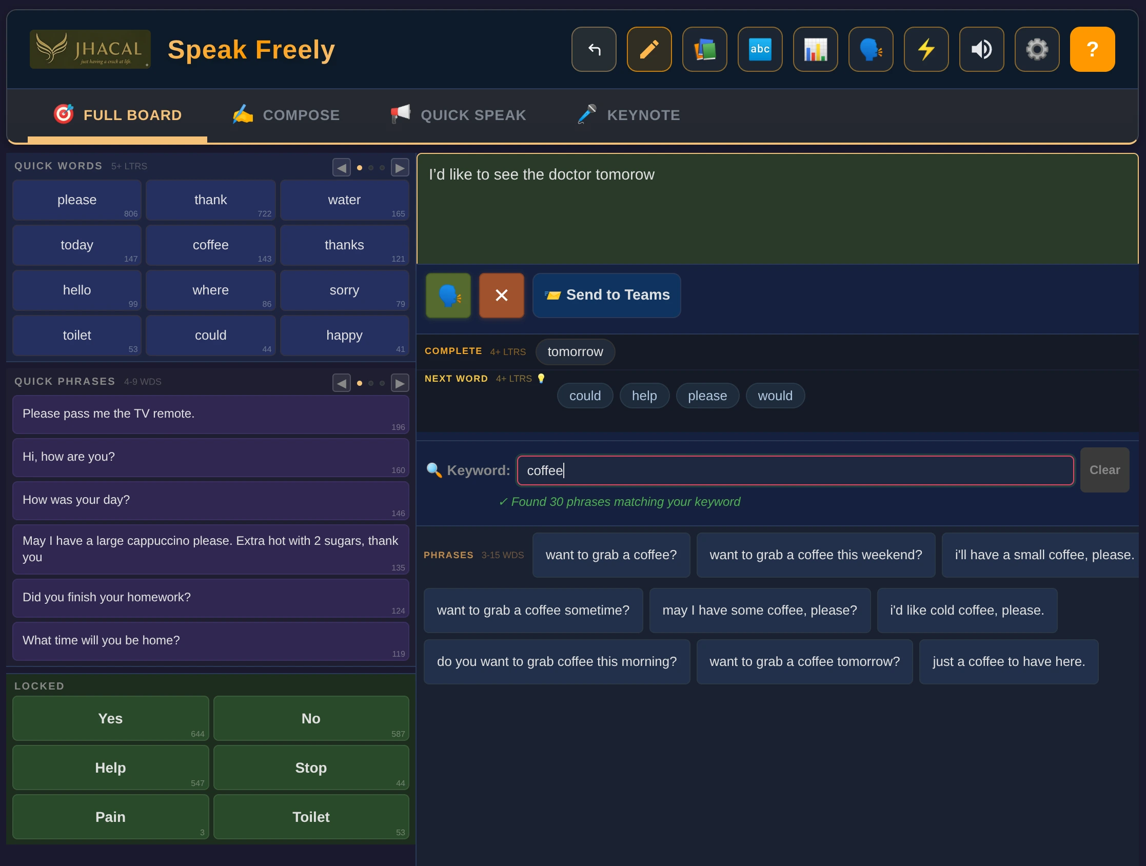 Speak Freely live: a typed sentence with a spell-check correction, next-word predictions, usage-ranked quick words and phrases, locked essentials, and a keyword search that found 30 matching phrases.