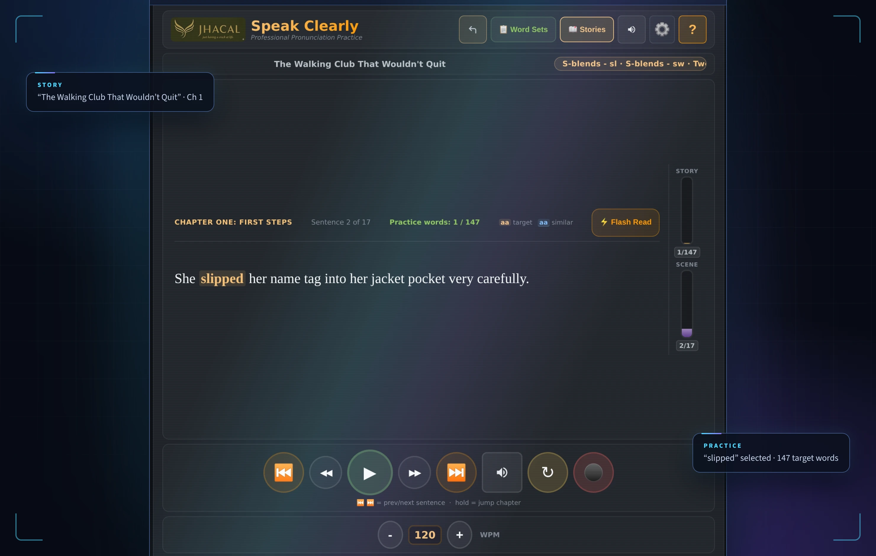 Digitally enhanced view of Speak Clearly in story mode: 'The Walking Club That Wouldn't Quit', chapter one, with the target word 'slipped' selected from 147 practice words.