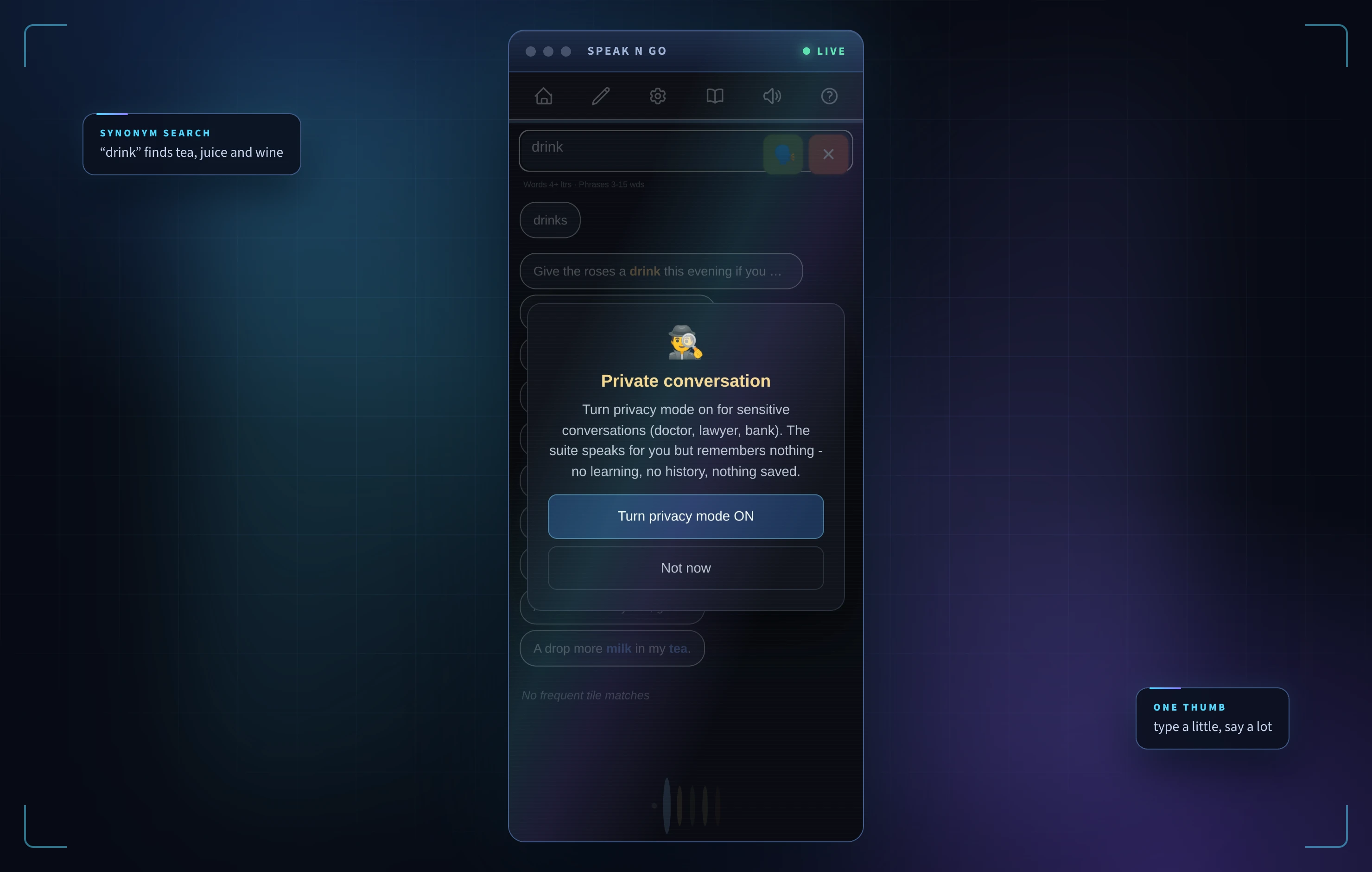 Digitally enhanced view of Speak n Go on a phone: typing 'drink' returns phrases where synonyms like tea, juice and wine are highlighted in blue.