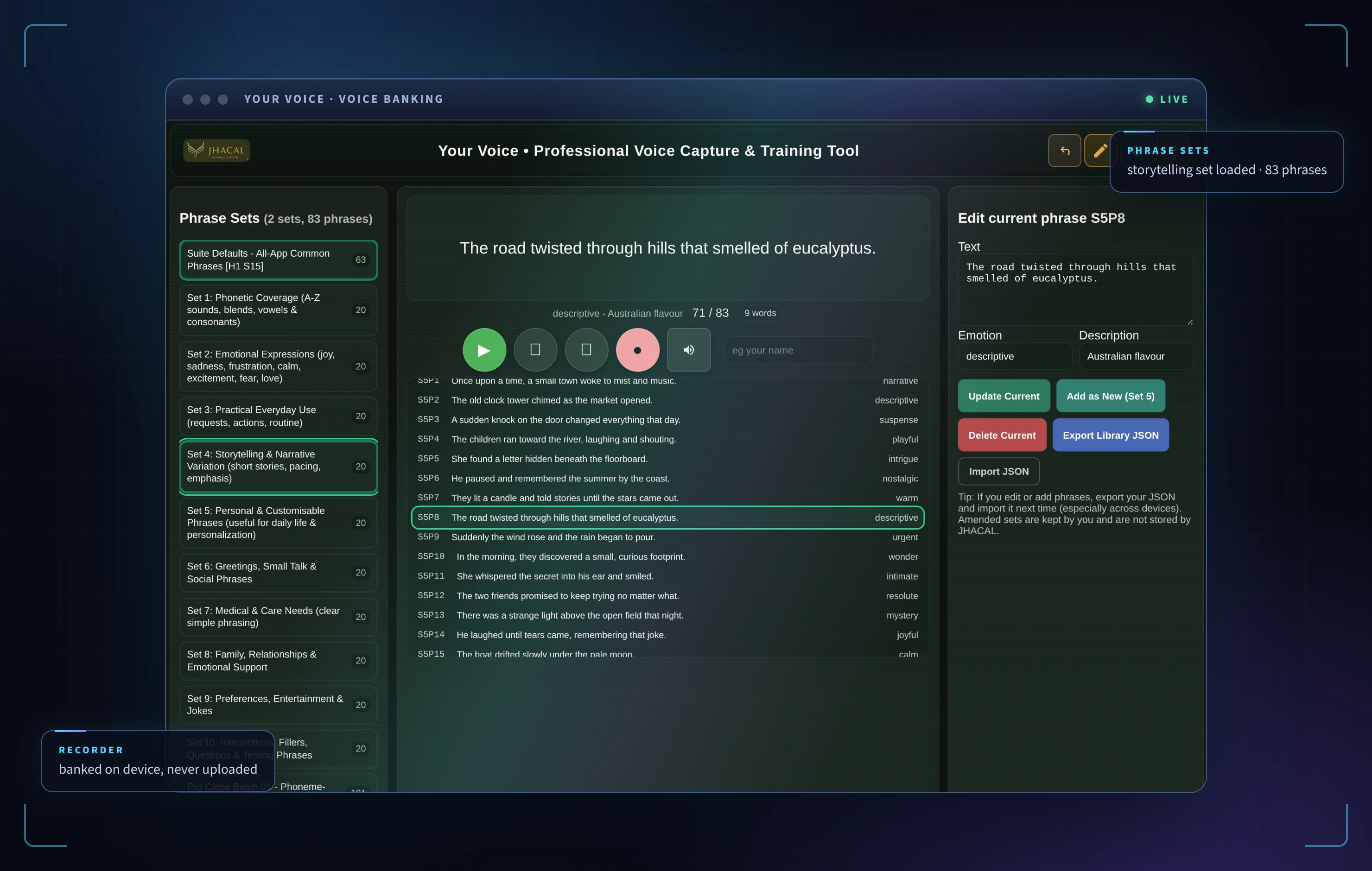 Digitally enhanced view of Your Voice with the storytelling phrase set loaded: the current phrase reads 'The road twisted through hills that smelled of eucalyptus', tagged descriptive, Australian flavour, with recorder controls and 83 phrases queued.